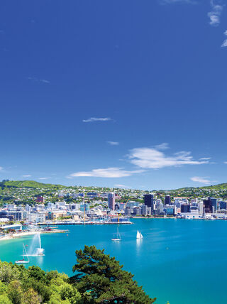 A panoramic view of Wellington Bay, New Zealand, featuring the city skyline, sailboats in turquoise water, and green hills under a bright blue sky.