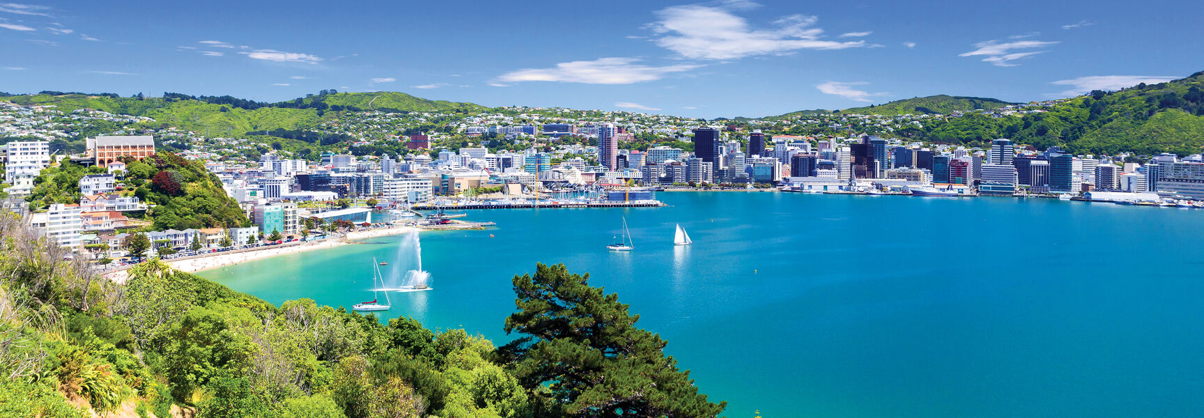 A panoramic view of Wellington Bay, New Zealand, featuring the city skyline, sailboats in turquoise water, and green hills under a bright blue sky.