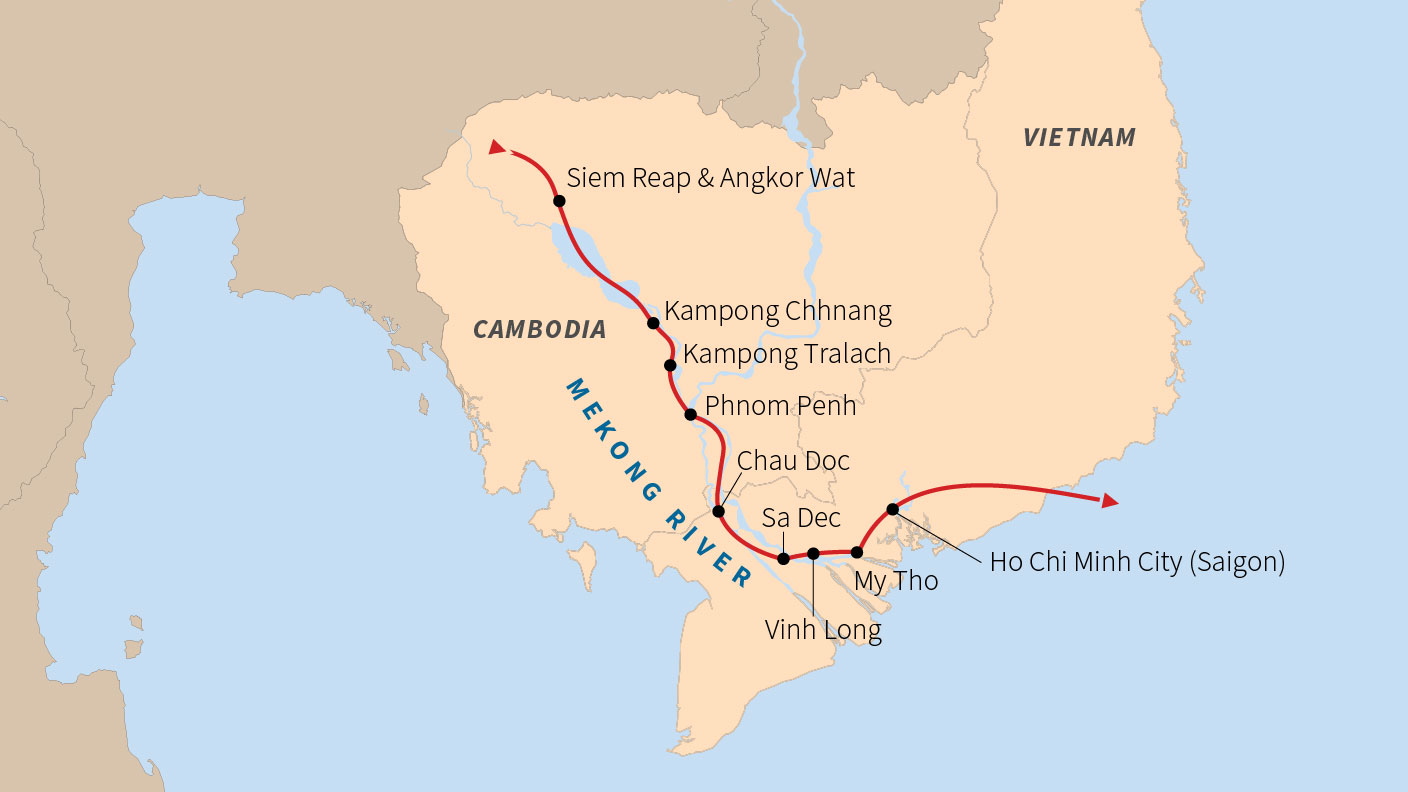 Map of Cambodia and Vietnam showing a travel route along the Mekong River between Siem Reap and Ho Chi Minh City.
