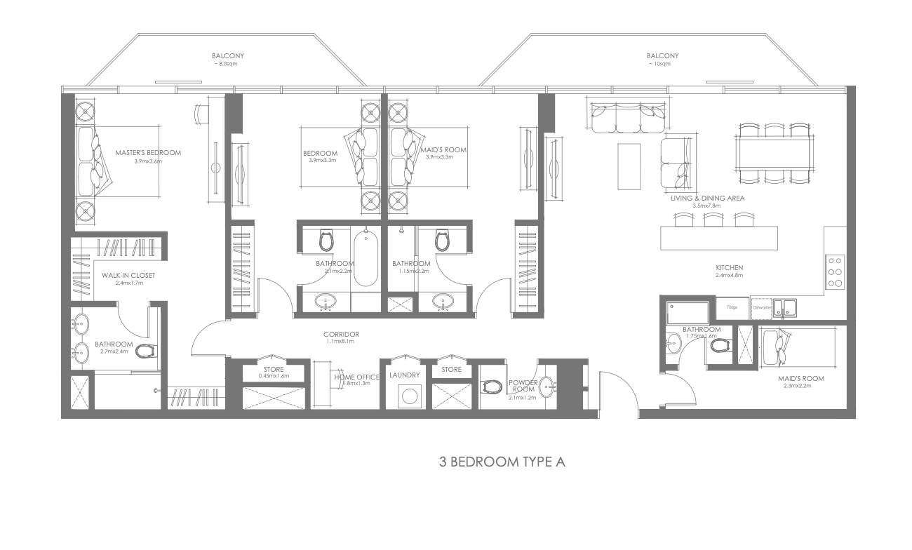 Louvre Abu Dhabi Residences 3 bedroom apartment typeA floor plan