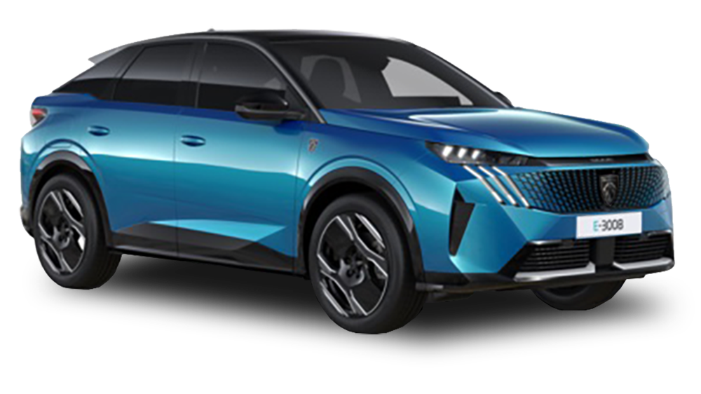 A blue Peugeot E-3008 SUV shown on a white background, viewed from the front left angle.