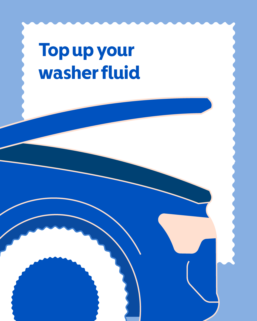 Car with bonnet open. Text reads: “Top up your washer fluid.”