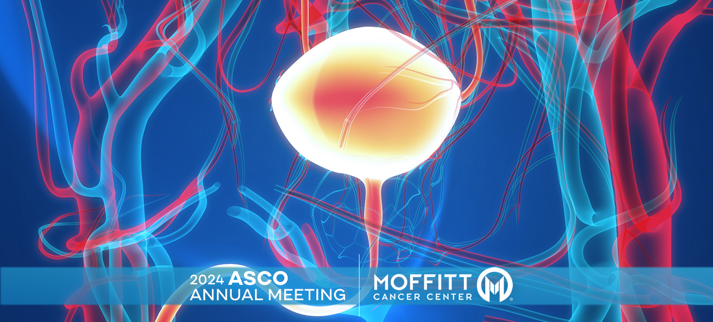 Graphic of lower body with bladder highlighted and the Moffitt logo and words ASCO 2024 