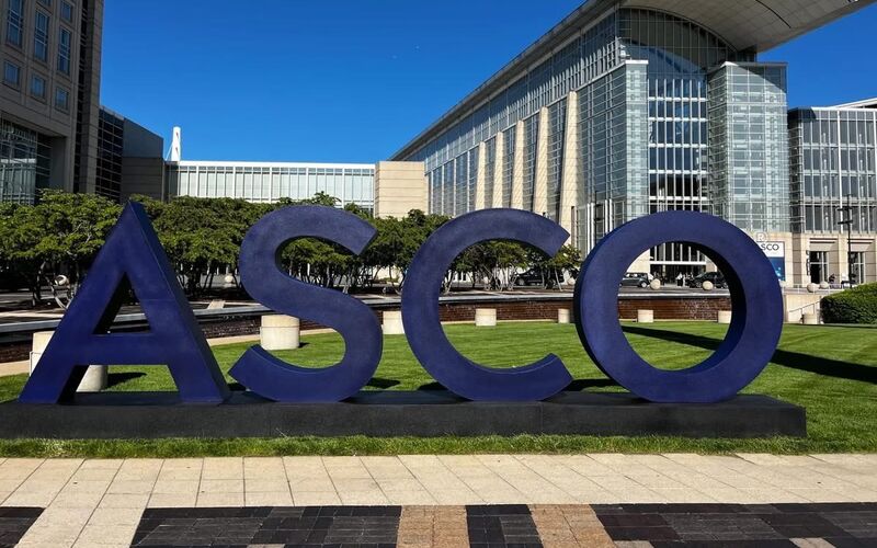 the letters ASCO out front of McCormick Place in Chicago
