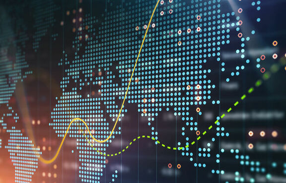 Abstract world map made out of dots and lines on a black background 