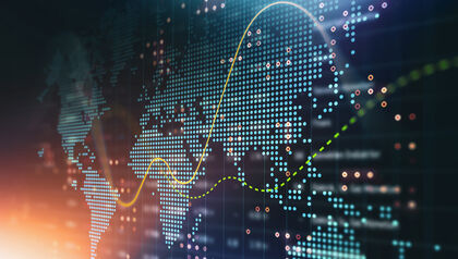 Abstract world map made out of dots and lines on a black background 