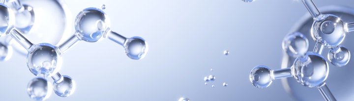 Abstract illustration of clear, glass-like molecules against a soft blue background.