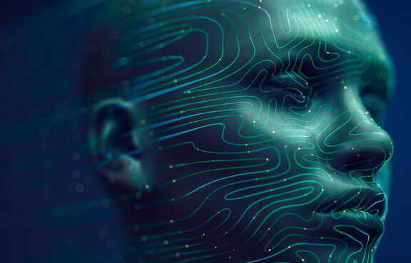 Abstract AI face with data lines