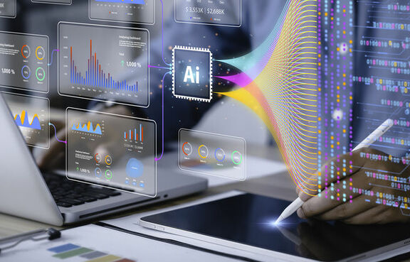 Man using tablet and laptop at a desk with an digital AI overlay