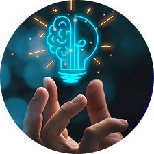 Hand reaching toward a glowing neon light bulb with a brain design inside, symbolizing creativity and innovation, against a blurred dark background. profile image