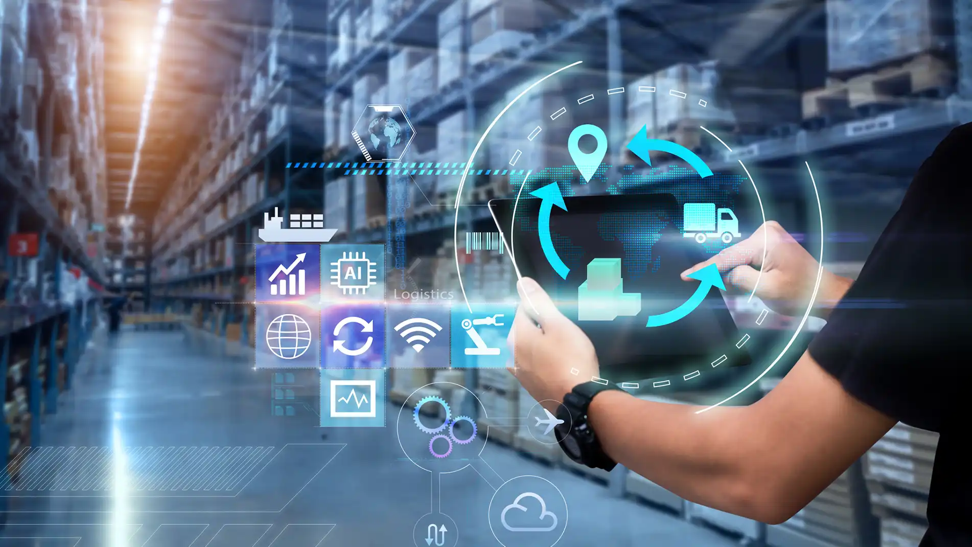 Automated-Order-Exception-Management-In-Page-1.webp Abstract image of a man using a virtual device in the warehouse.