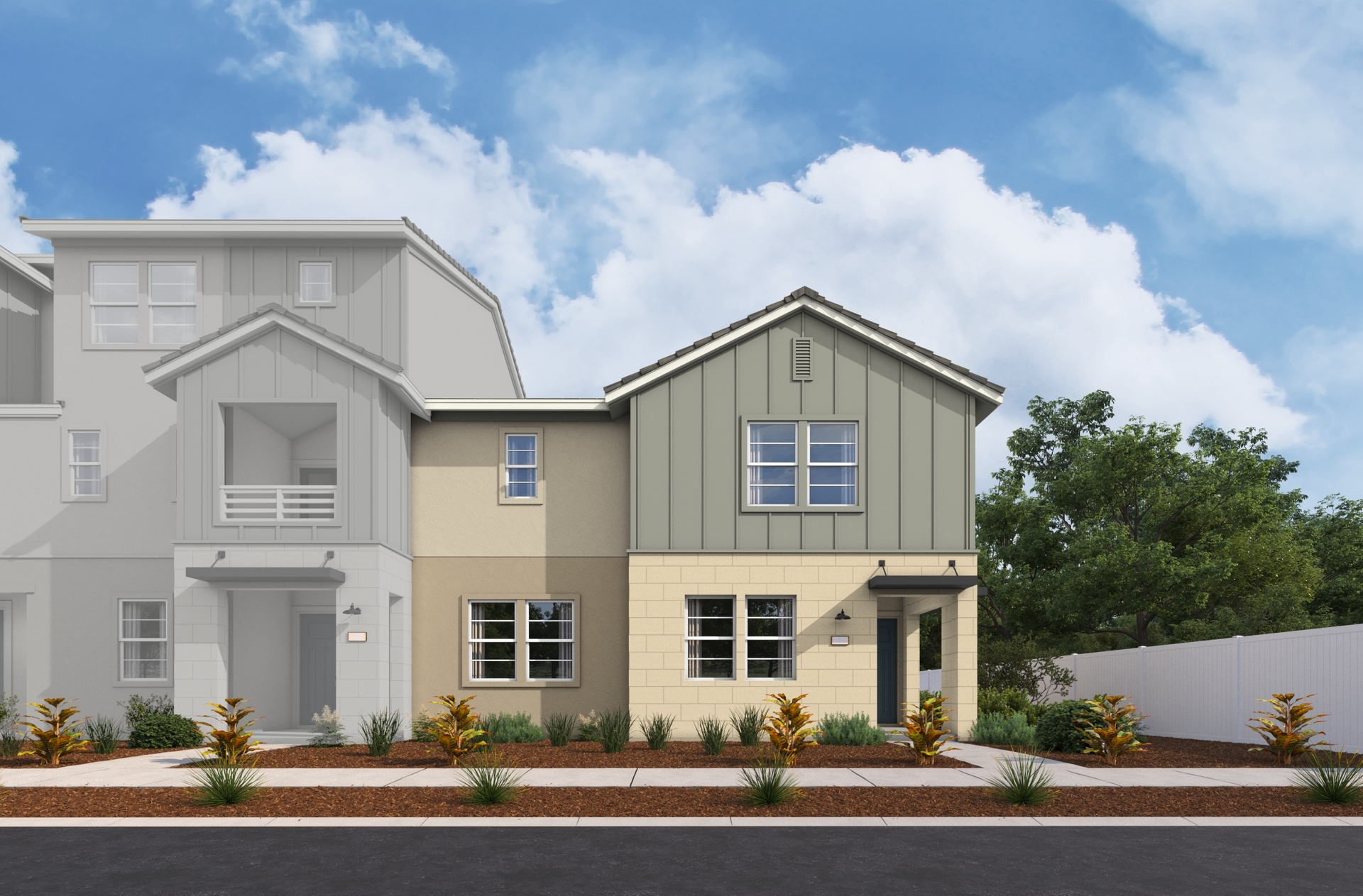 exterior of two-story townhome with neutral paint and large windows