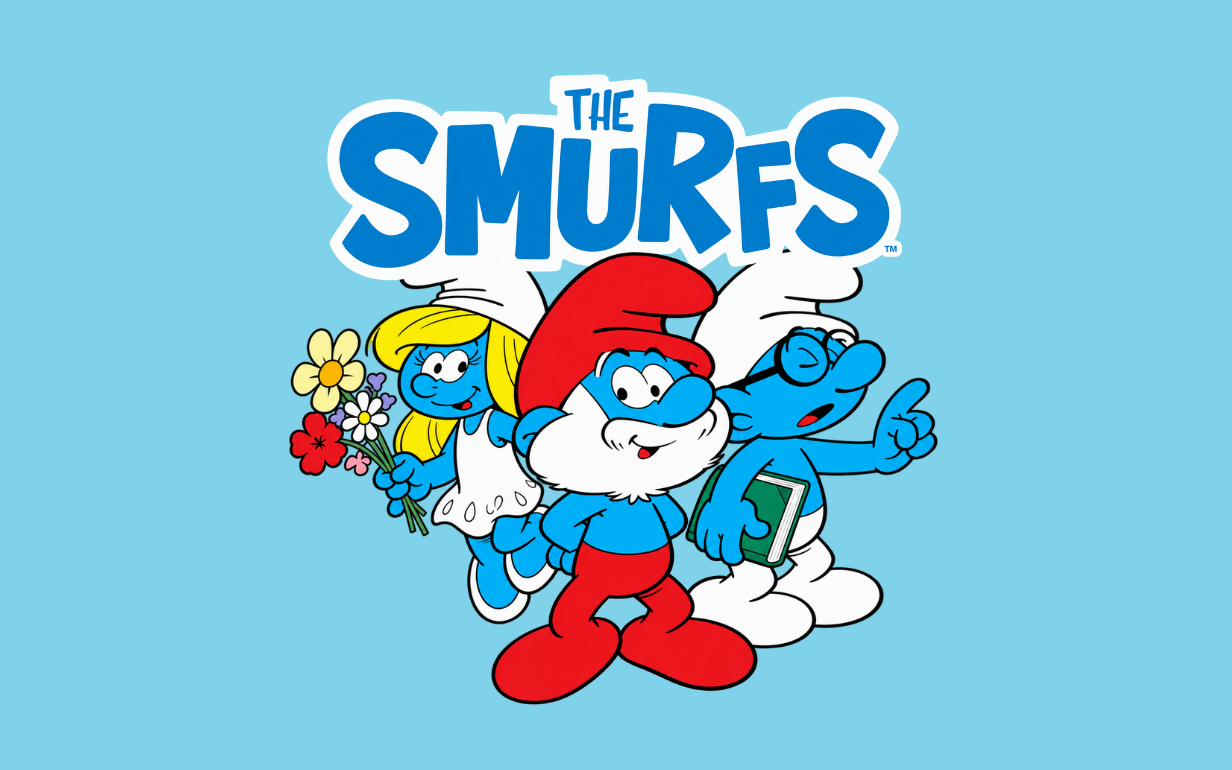 Image of three smurfs and logo