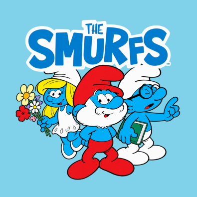 Image of three smurfs and logo