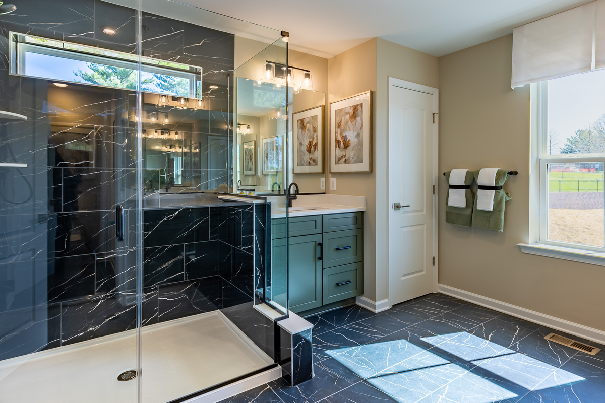 primary bath with black marble