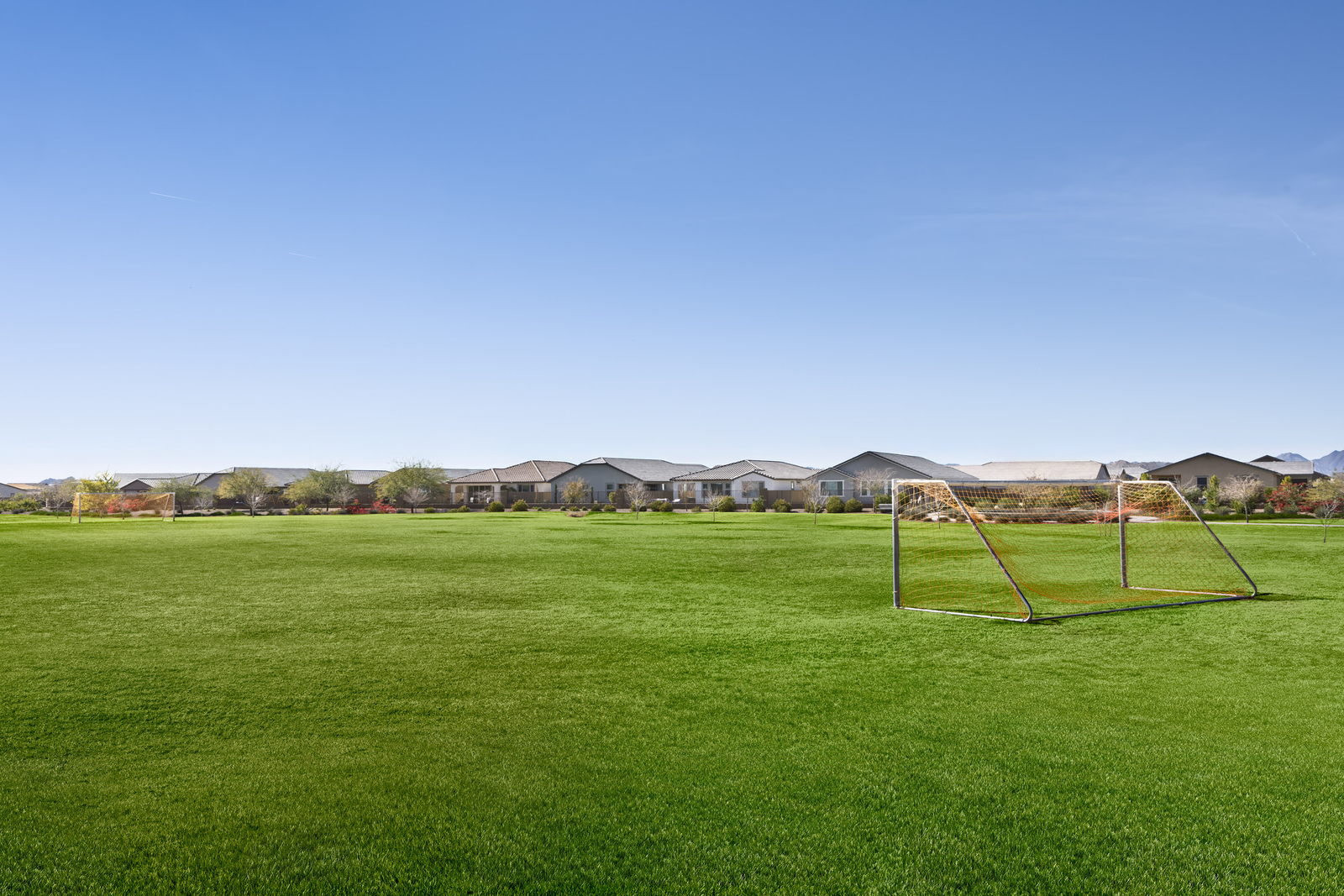 spacious field with soccer nets and green grass