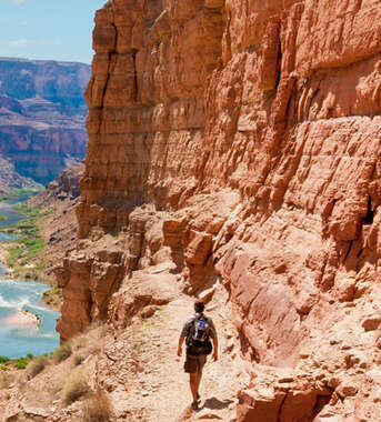 A hiker walks on a trail overlooking the Colorado River flowing through the majestic red rock cliffs of Grand Canyon National Park.