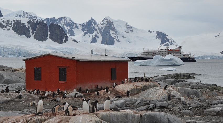 A red building sits by the shoreline of Antarctica with penguins in the front