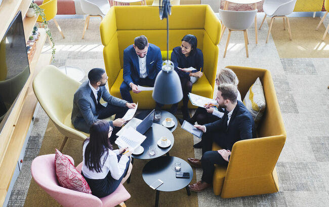 Aerial view of business meeting in lounge area