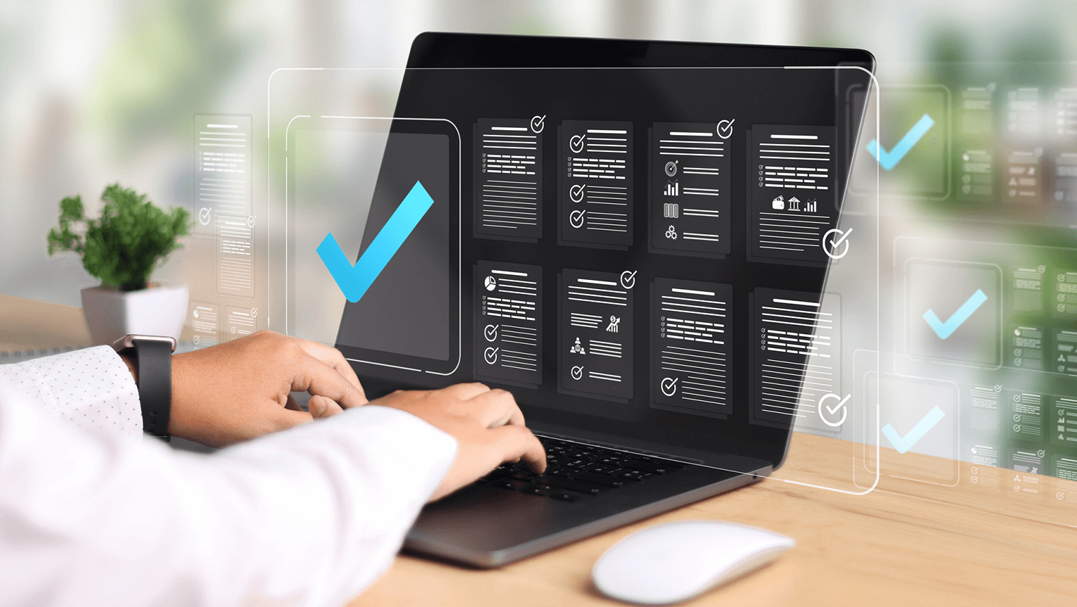 Abstract image of a man holding a laptop computer screen.