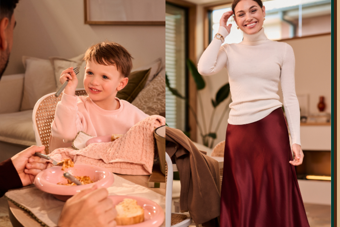 A collage showing people wearing winter outfits indoors, including relaxed outerwear, knits and everyday layers, alongside a child sitting at a table, capturing how winter pieces are worn across daily moments.