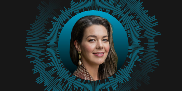 Headshot of Kayla Kingdon-Bebb in a blue circle at the centre of a graphic with blue audio bars coming out in a circular style around the headshot to depict sound.