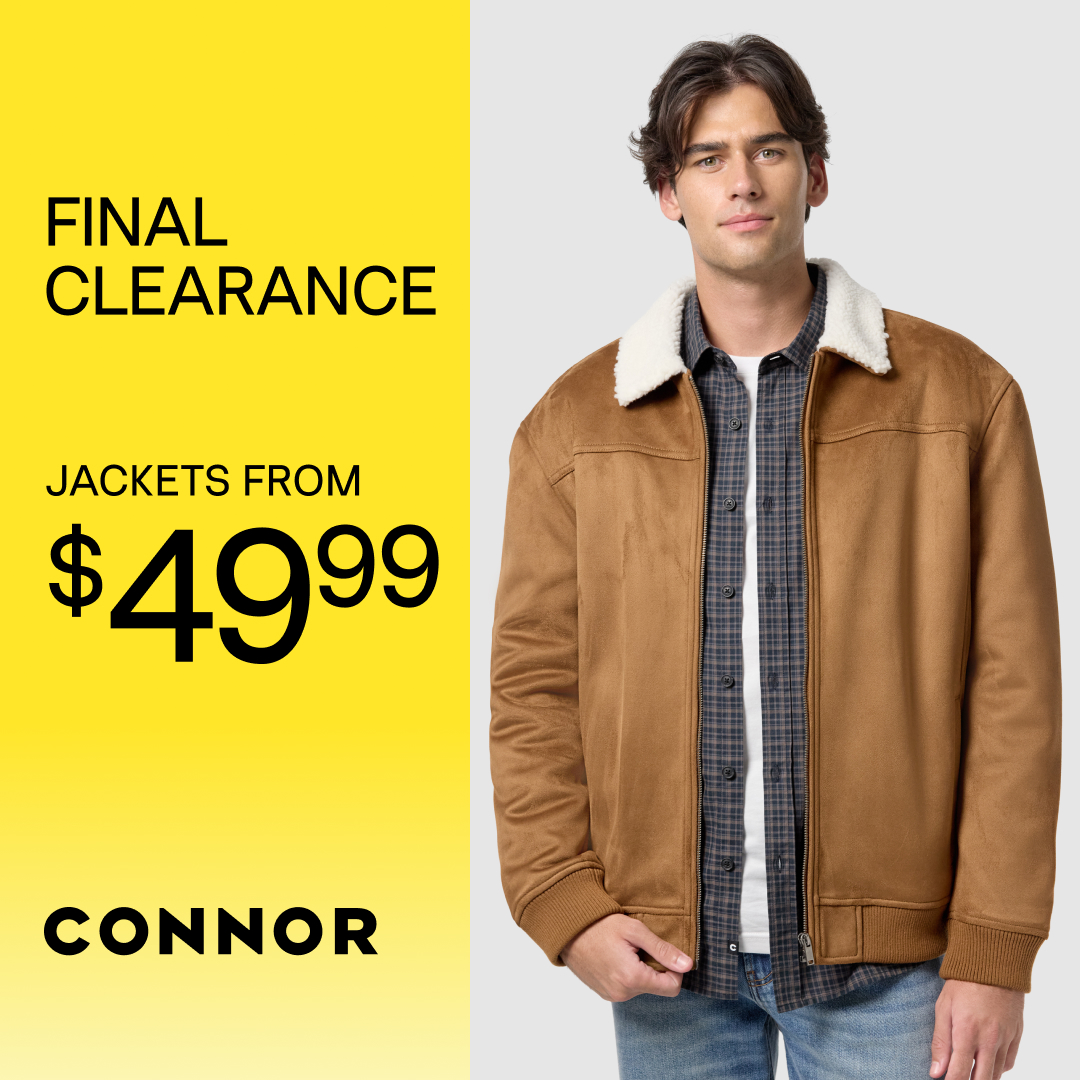 Promotional graphic for Connor's final clearance sale. A bright yellow panel on the left reads: "FINAL CLEARANCE. Knitwear from $24.99. Jackets from $49.99." The Connor logo appears at the bottom. On the right, two models walk outdoors; one wears a cream knit quarter-zip sweater with olive trousers and sunglasses, while the other wears a dark jacket over a black shirt.