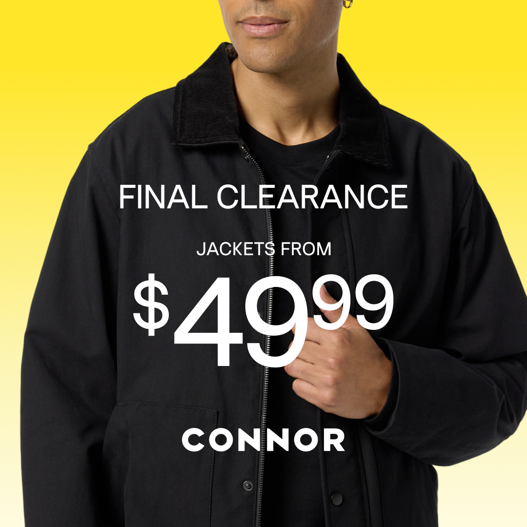 Promotional graphic for Connor's final clearance sale. A bright yellow panel on the left reads: "FINAL CLEARANCE. Knitwear from $24.99. Jackets from $49.99." The Connor logo appears at the bottom. On the right, two models walk outdoors; one wears a cream knit quarter-zip sweater with olive trousers and sunglasses, while the other wears a dark jacket over a black shirt.