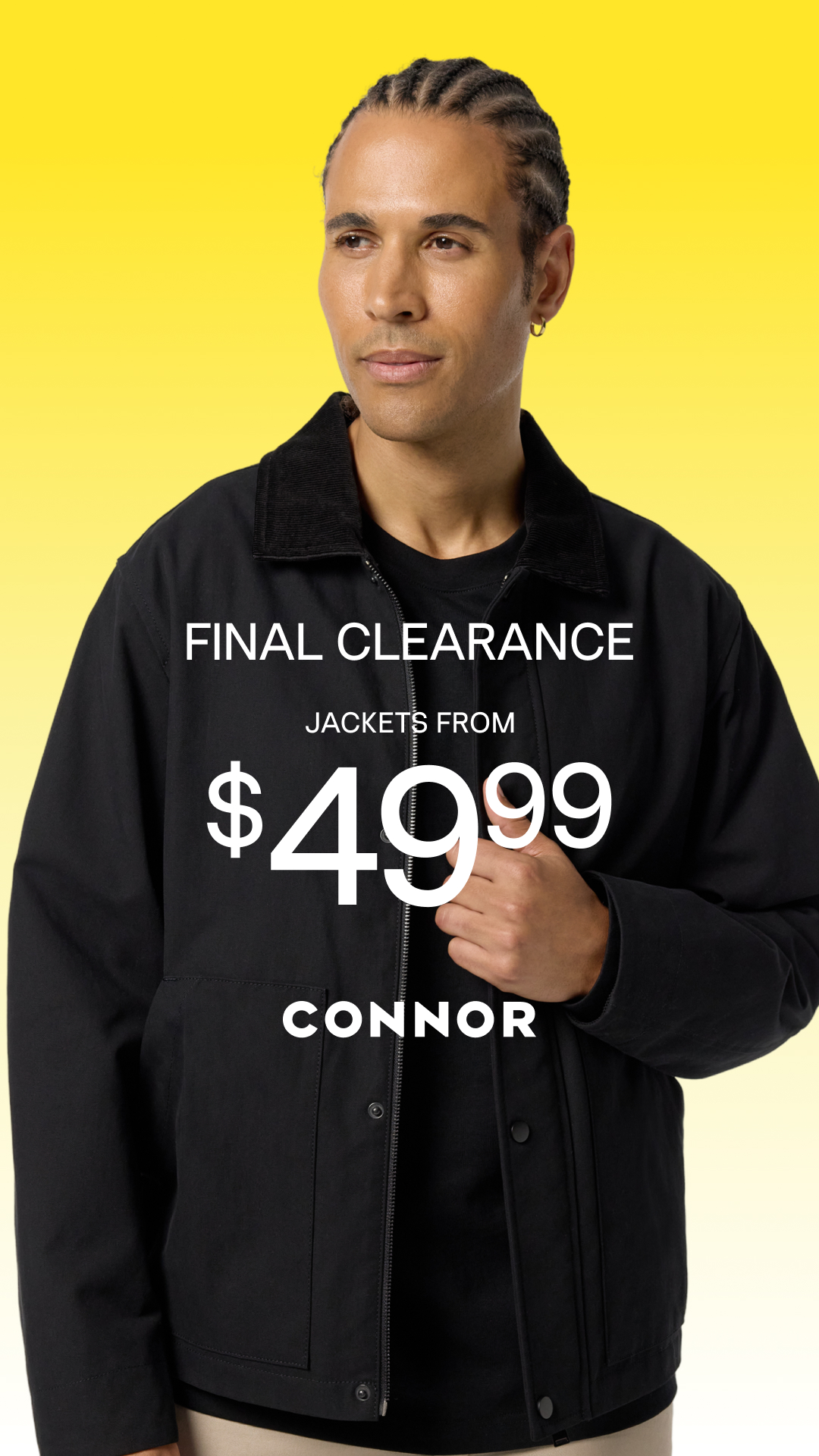 Promotional graphic for Connor's final clearance sale. A bright yellow panel on the left reads: "FINAL CLEARANCE. Knitwear from $24.99. Jackets from $49.99." The Connor logo appears at the bottom. On the right, two models walk outdoors; one wears a cream knit quarter-zip sweater with olive trousers and sunglasses, while the other wears a dark jacket over a black shirt.