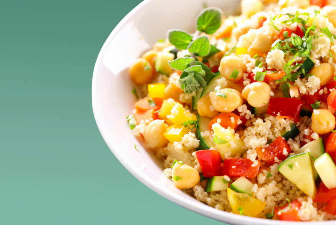 Nutrition Australia Chickpea and Couscous Salad served in white bowl.