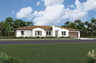 exterior of single-story home with shutters and brown garage