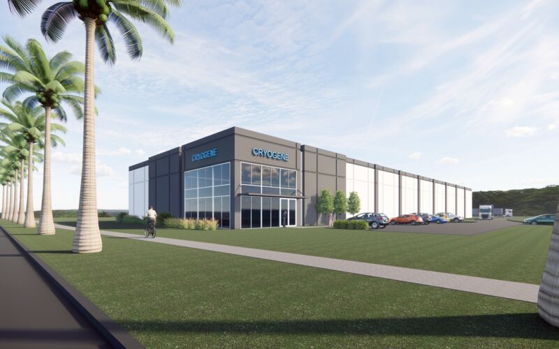 A digital illustration shows a rendering of a gray box-shaped building with large windows and blue sign that reads CRYOGENE. There are palm trees in the photo and a sidewalk in the foreground.