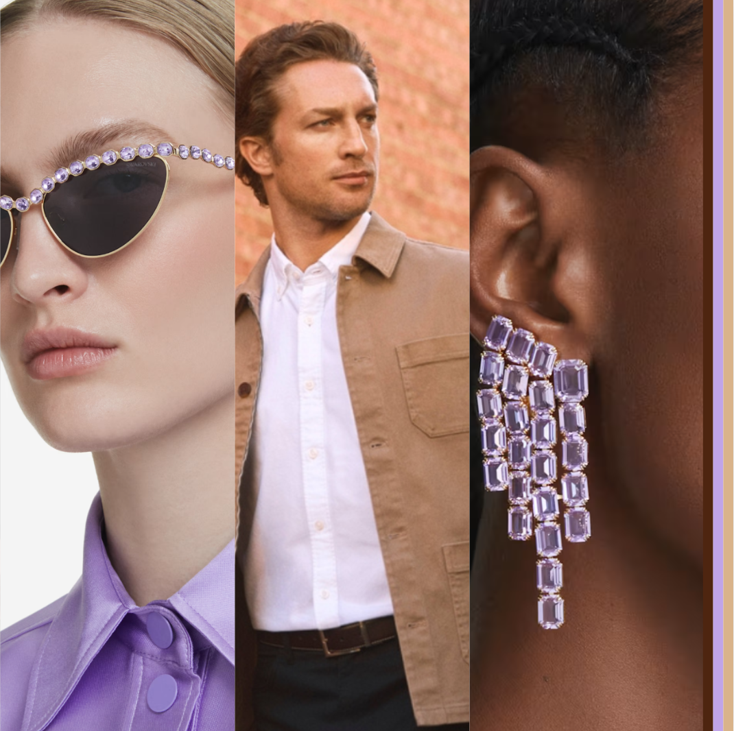The image is a triptych featuring three stylish close-up portraits. On the left, a woman wears chic cat-eye sunglasses adorned with sparkling lavender gems and a matching lavender collared shirt, exuding modern elegance. In the center, a man is dressed in a smart-casual outfit with a beige jacket over a white button-up shirt, looking off-camera with a confident, relaxed expression. On the right, a close-up of a woman’s ear showcases a statement earring made of cascading lavender gemstones, highlighting luxury and bold accessorizing. The composition emphasizes fashion, sophistication, and complementary neutral and pastel tones.