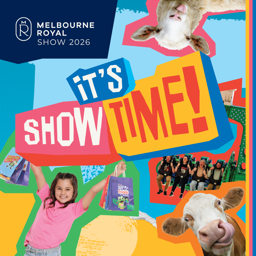Melbourne Royal Show 2026 promotional graphic featuring the headline "It's Show Time!" in bold, colourful lettering. An upside-down sheep peeks in from the top, while a smiling cow appears in the bottom right. A young girl holds up Royal Show bags, with additional showbags, a thrill ride and excited riders displayed around the design. The Melbourne Royal Show logo sits in the top left against a bright, playful background of vibrant geometric shapes.