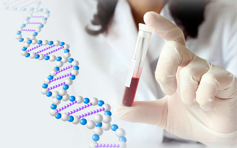 image of lab tech holding a vial of blood with a graphic of a DNA double helix next to it