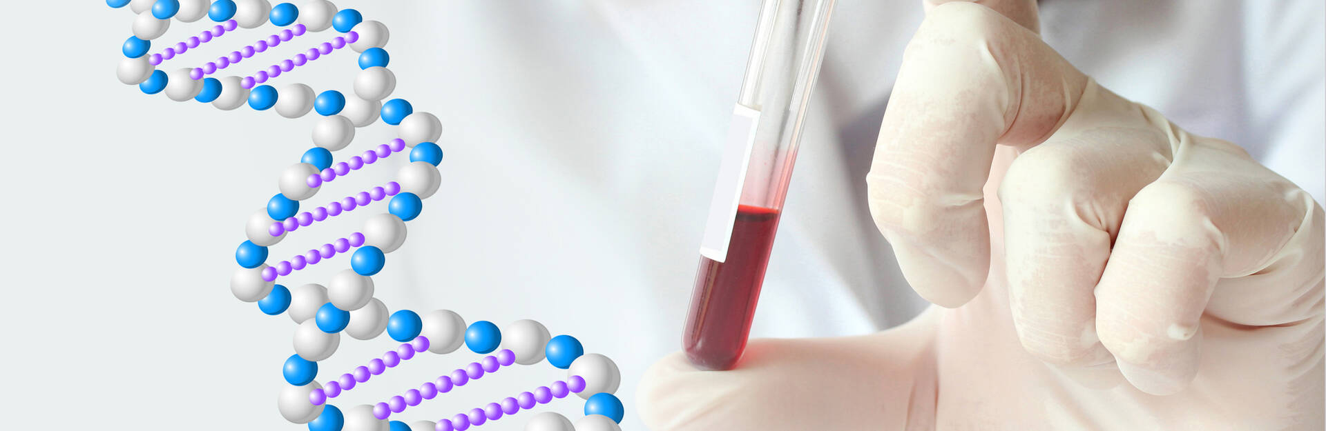 image of lab tech holding a vial of blood with a graphic of a DNA double helix next to it