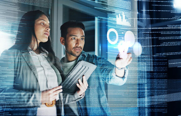 Dark office man and woman with data overlay tablet and digital code for system management