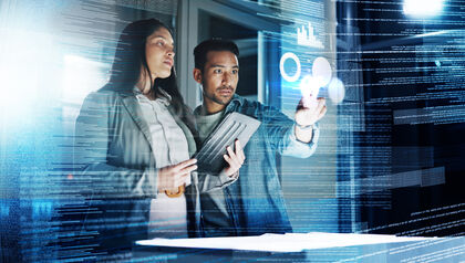 Dark office man and woman with data overlay tablet and digital code for system management