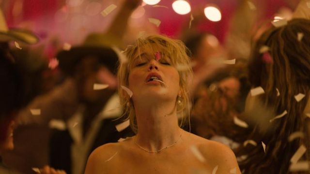 Die My Love still with Jennifer Lawrence dancing with confetti