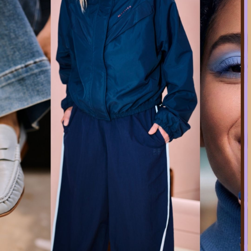 Collage of autumn outfits in shades of blue, featuring denim jackets, tailored trousers, layered knits, relaxed outerwear and minimalist footwear, styled to highlight seasonal colour and everyday layering.