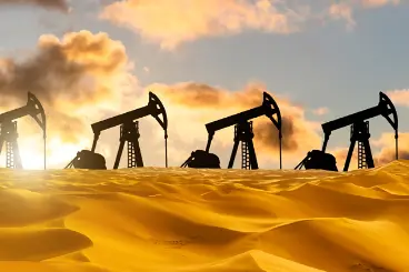 A dramatic, low-angle silhouette of four oil pumpjacks (nodding donkeys) against a brilliant sunset sky with orange and yellow clouds, standing on golden sand dunes.