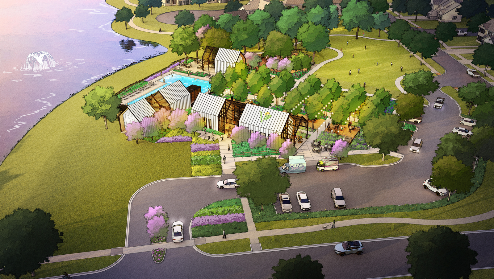 waterfront green space, pool, and event area