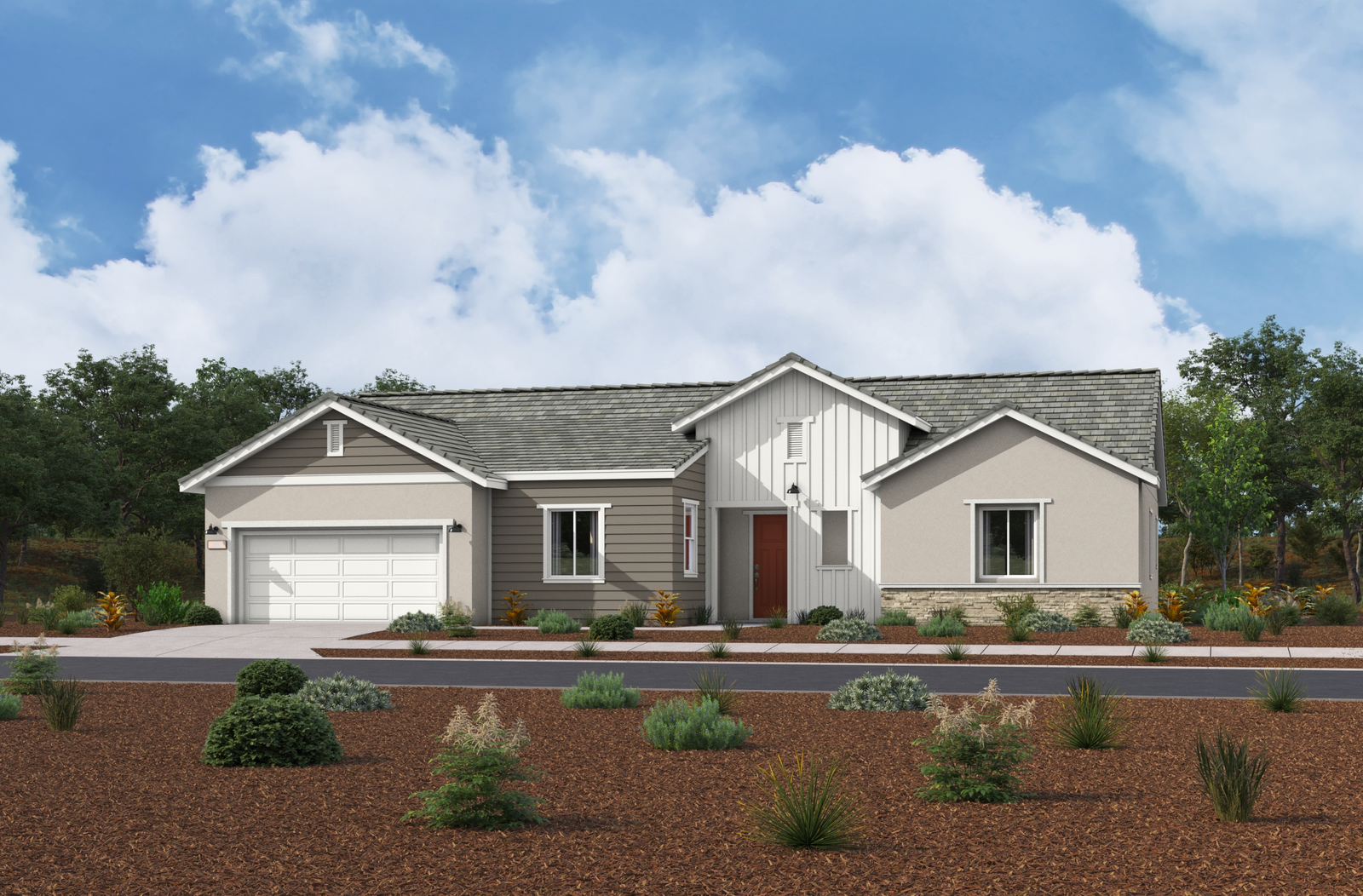 multicolored one-story exterior with a white windowless garage