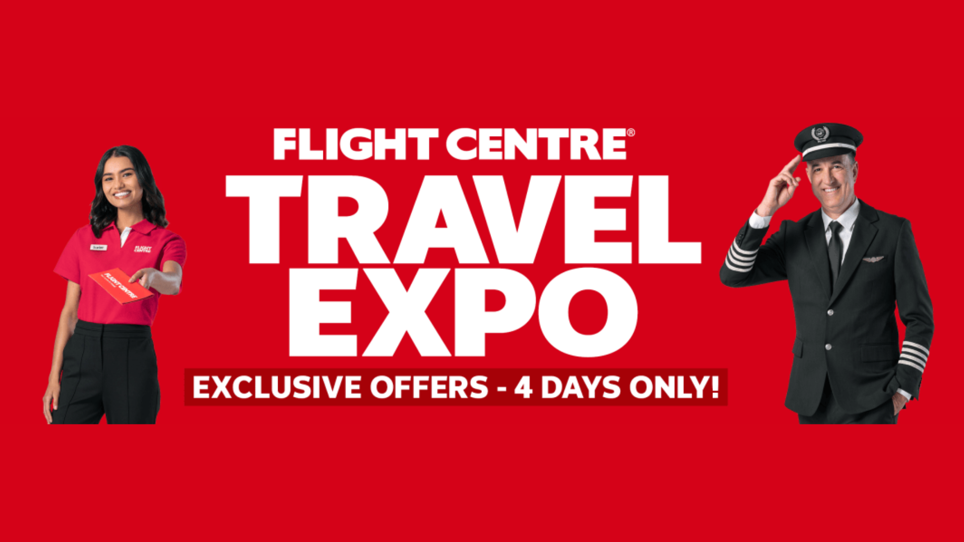 Image tile of flight centre travel expo promotion with pilot and lady holding a flight centre envelope
