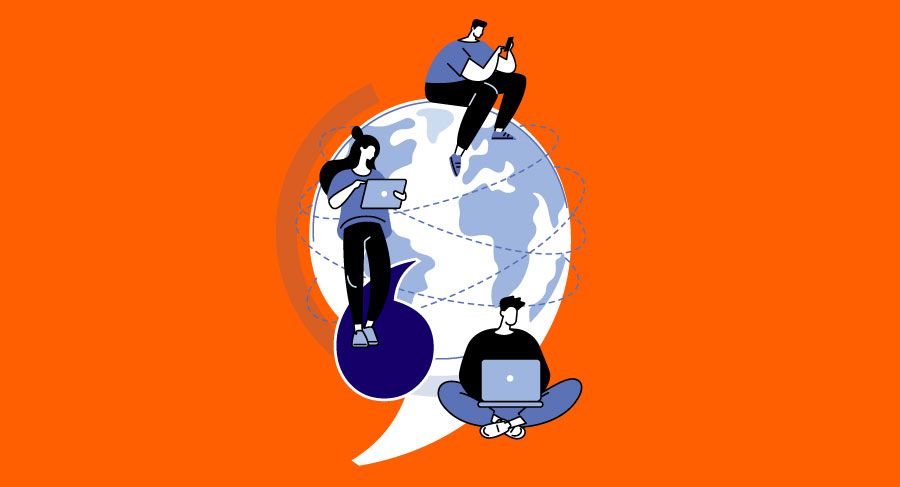 Quotation mark cutout, illustration of different users on a globe using various devices