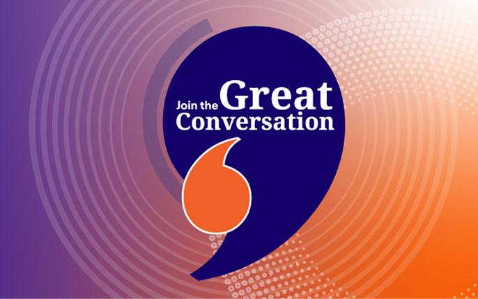 Logo with text 'Join the great conversation', shown on a branded background with a ` shape