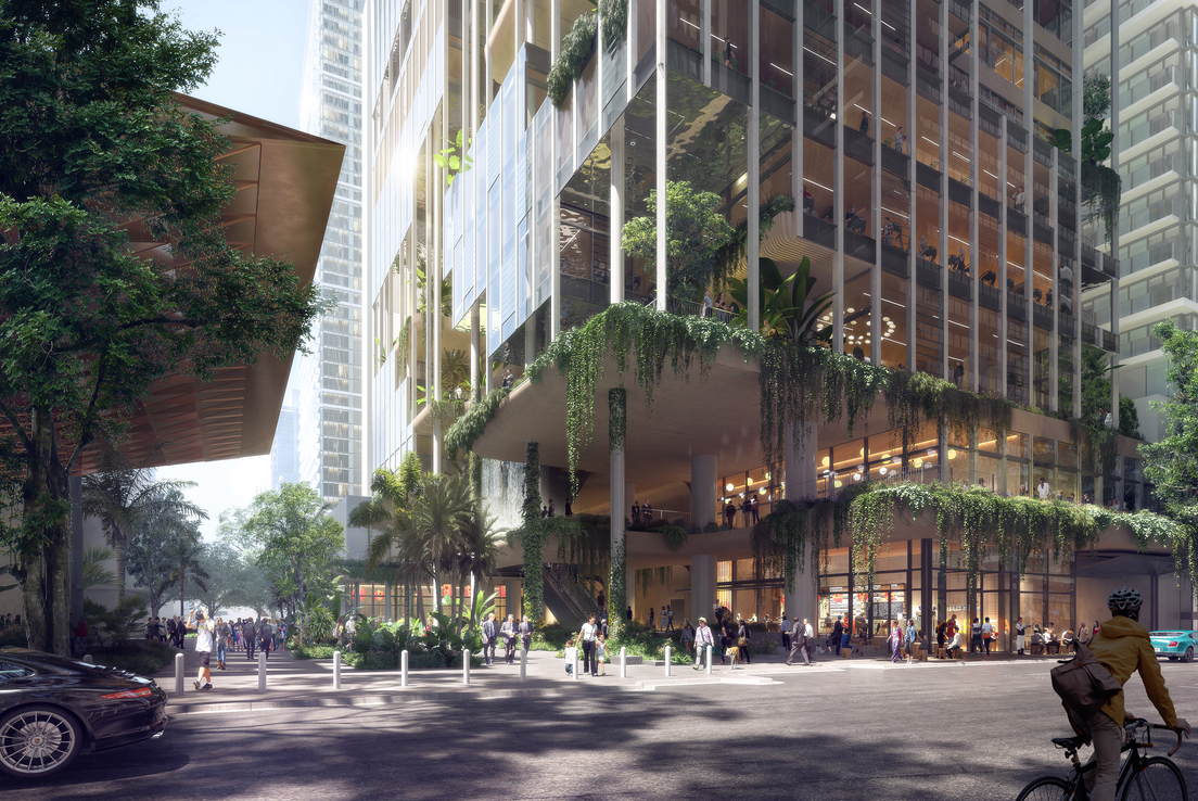 Artist impression of the street view of 101 Albert Street, showing a lush, leafy and airy first impression of the commercial property in the heart of the CBD