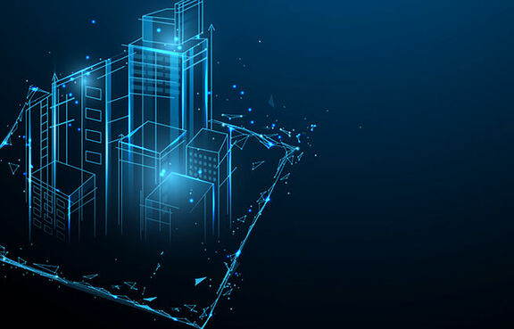 digital artwork of buildings made from abstract blue lines