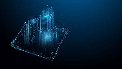 digital artwork of buildings made from abstract blue lines