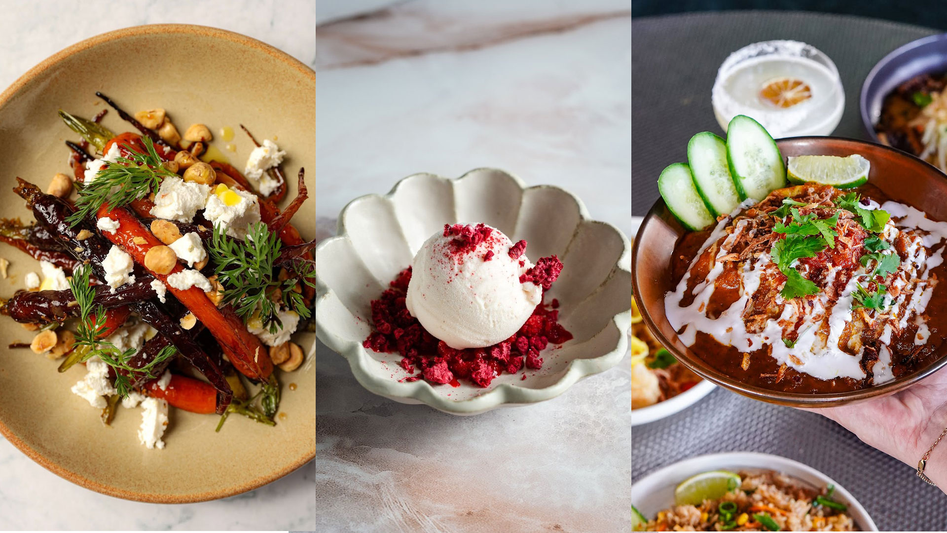 Three dishes appear in each third of the image. The first features a Mediterranean roasted salad topped with feta and hazelnuts. The second featured an white ice cream ball surrounded by red crumble. The third featured an Asian meal, covered in white sauce and fried onion, with cucumber slices on the side.